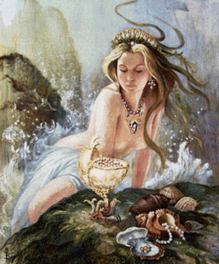 русалка - море, жемчуг, девушка, картина, морской конек, ракушки - предпросмотр