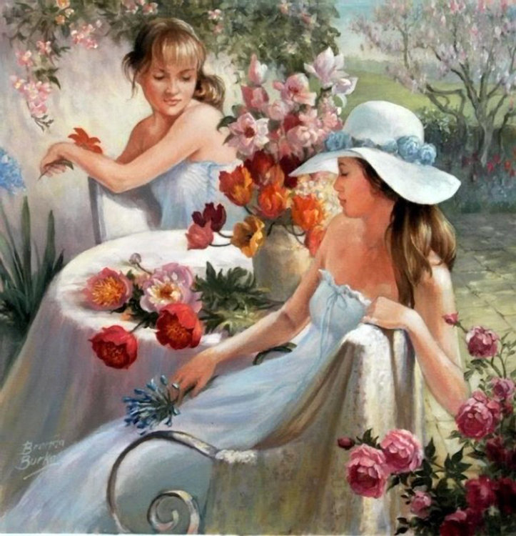 подруги - девушки, цветы, живопись, шляпа, картина, лето - оригинал
