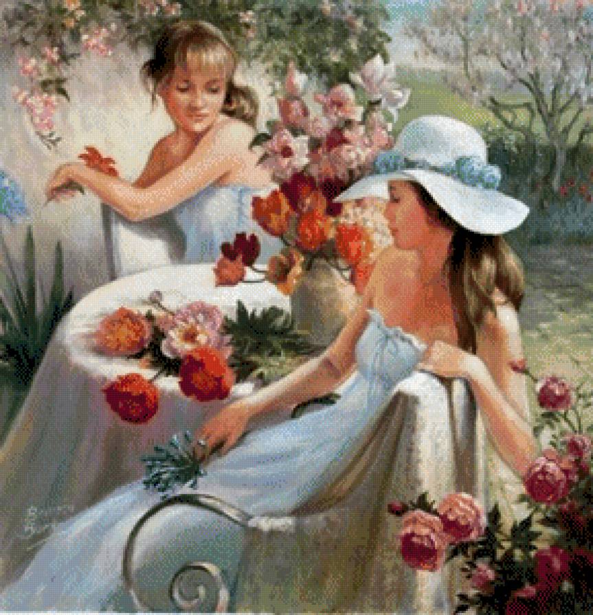 подруги - девушки, цветы, картина, живопись, лето, шляпа - предпросмотр