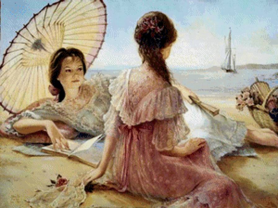 подруги - лето, зонтик, отдых, море, девушки, природа, картина, парус - предпросмотр