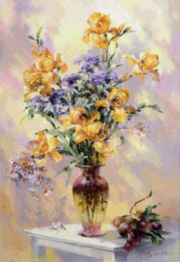 ирисы в вазе - живопись, натюрморт, букет, ирисы, цветы, акварель, ваза - предпросмотр