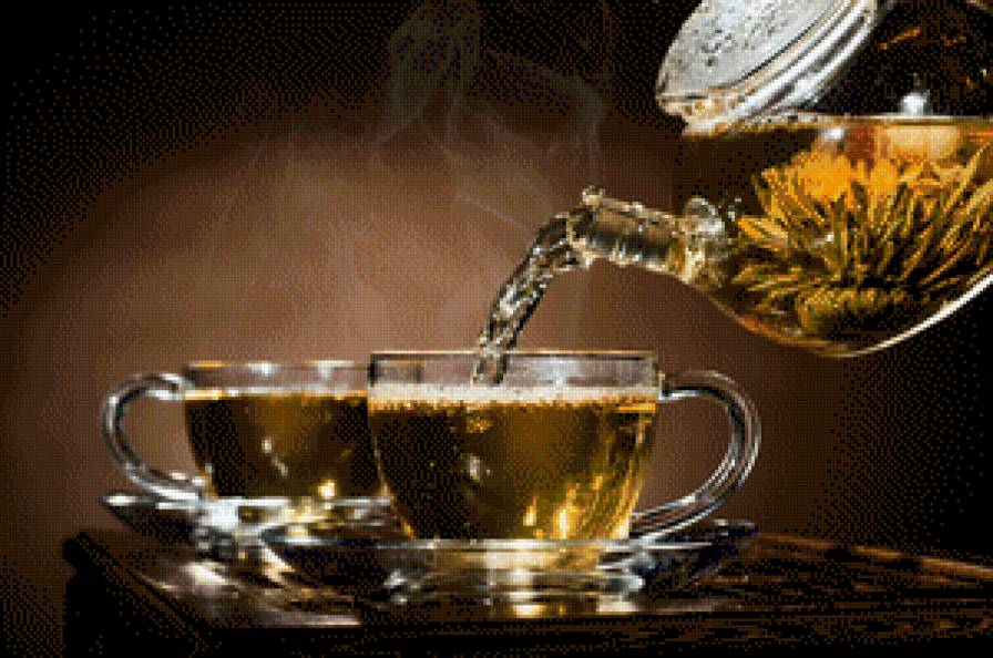 Чайник с чашками. - чай, стол, пар, чайник, чашка, зеленый, кухня, посуда - предпросмотр