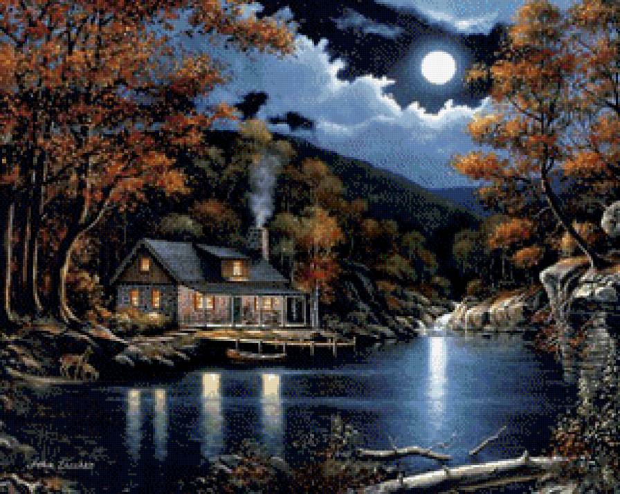 ночь - озеро, дом, олени, горы, луна, природа - предпросмотр