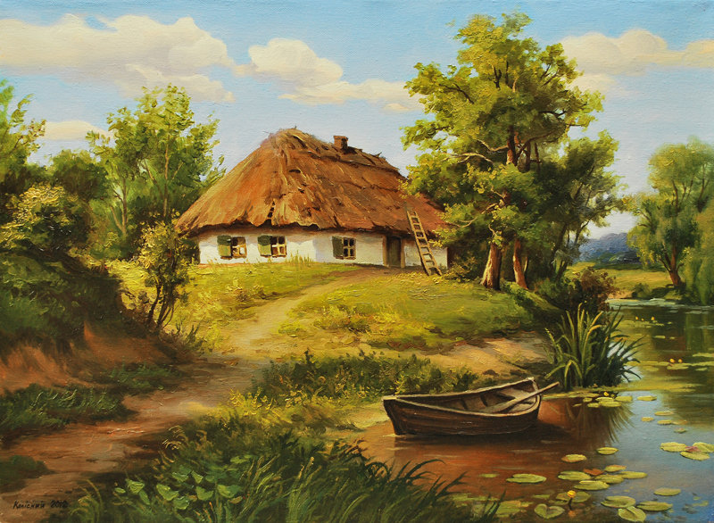 домик у реки - домик, село, пейзаж, уют, лодка, природа, живопись, сад, река - оригинал