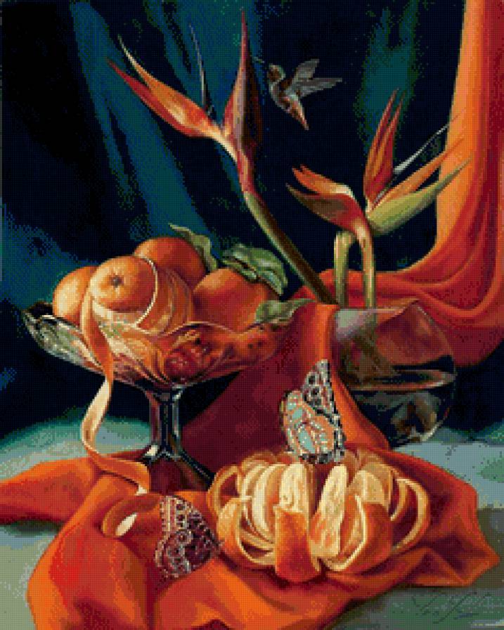 натюрморт с апельсинами, бабочками и цветами - апельсины, цветы, натюрморт, фрукты, живопись, бабочки, кухня - предпросмотр