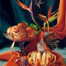 натюрморт с апельсинами, бабочками и цветами
