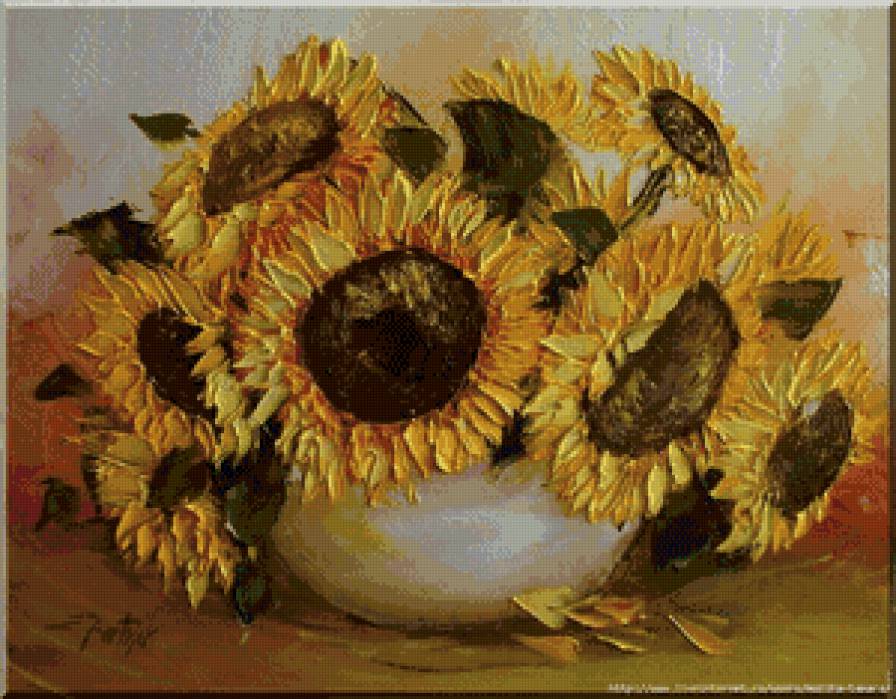подсолнухи - подсолнух, кухня, масло, ваза, букет, живопись - предпросмотр