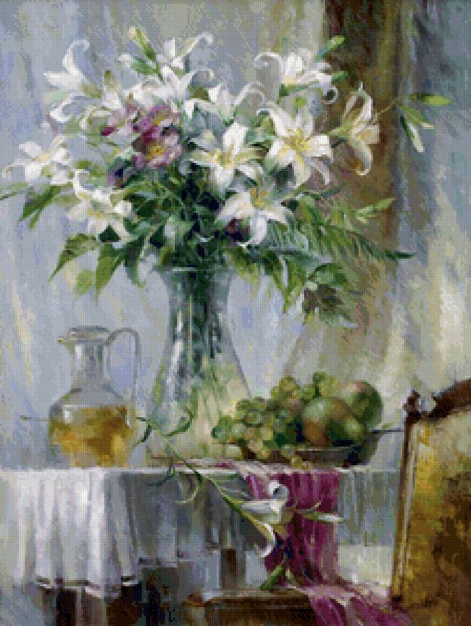 лилии и фрукты - акварель, живопись, ваза, груши, букет, виноград, цветы, лилия - предпросмотр