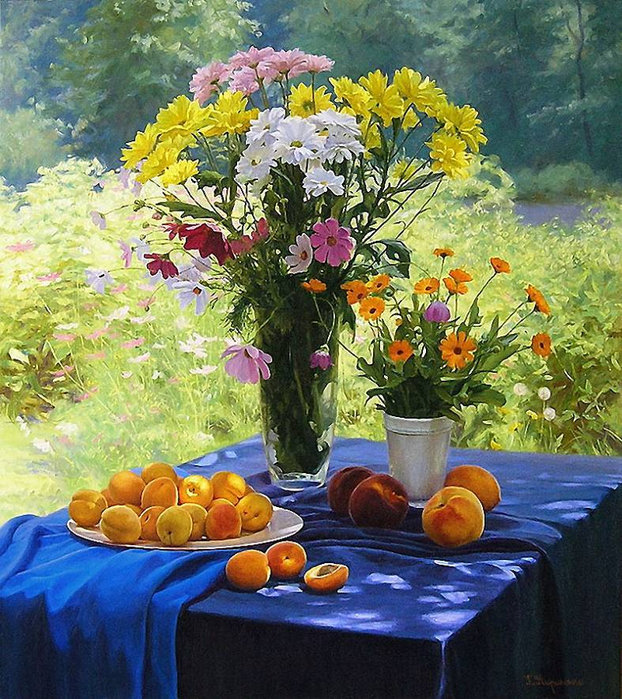 хризантемы в вазе - хризантемы, абрикосы., ваза, натюрморт, цветы, букет, живопись - оригинал