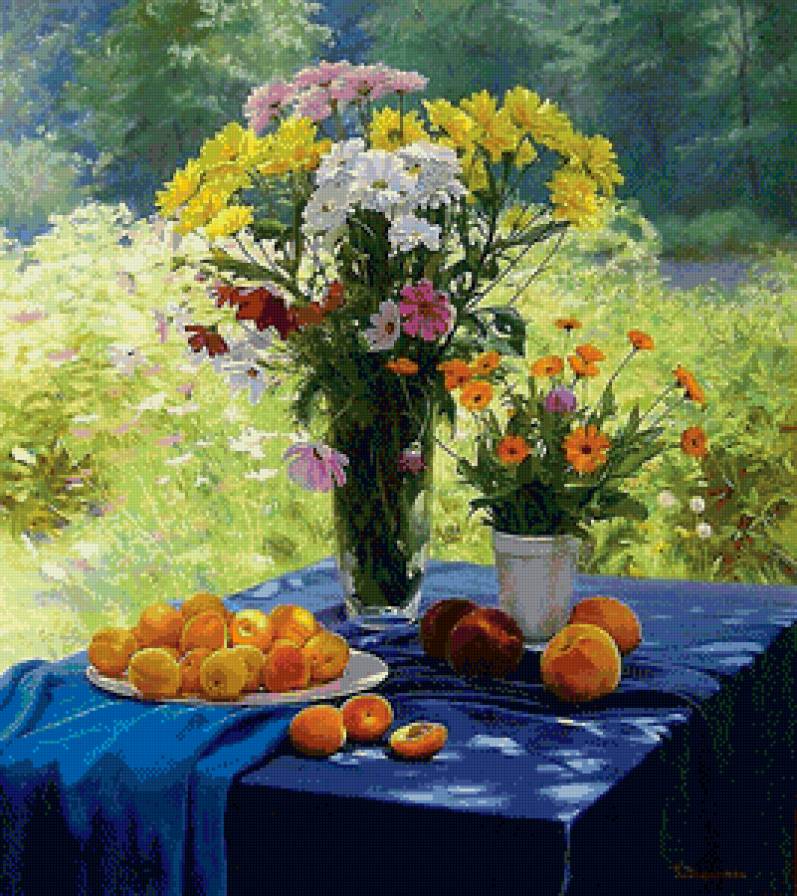 хризантемы в вазе - букет, хризантемы, цветы, ваза, абрикосы., натюрморт, живопись - предпросмотр