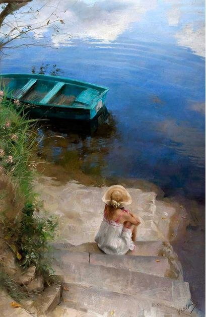 вид на море - девушка, берег, лодка, море - оригинал