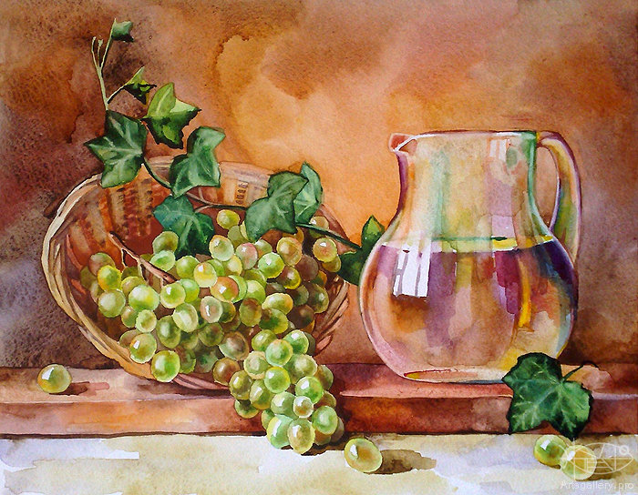 вино и виноград - натюрморт, кухня, кувшин, вино, бочонок, виноград, еда - оригинал