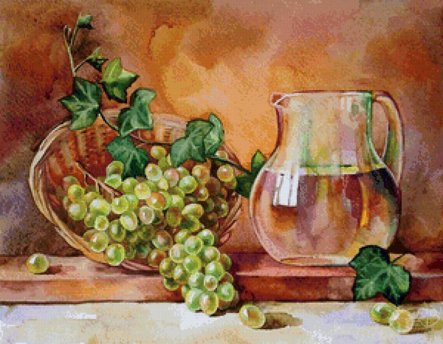 вино и виноград - еда, натюрморт, кухня, вино, кувшин, бочонок, виноград - предпросмотр