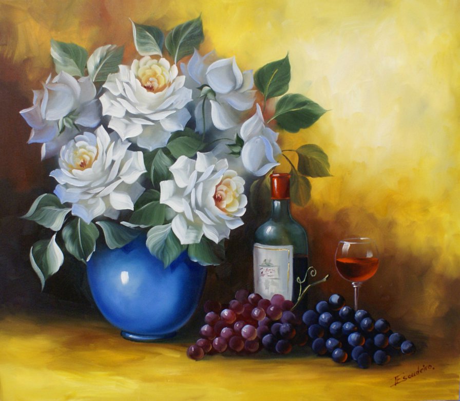 розы, вино и виноград - розы, кухня, букет, живопись, натюрморт, ваза, вино, виноград - оригинал