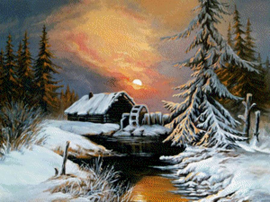 Старая мельница - мельница. закат, река. природа, зима - предпросмотр