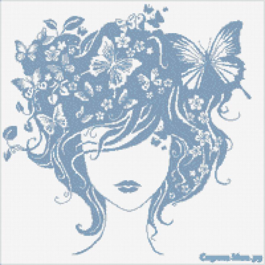 бабочки в волосах - голубой, монохром, бабочка, девушка, лицо, рисунок, синий - предпросмотр