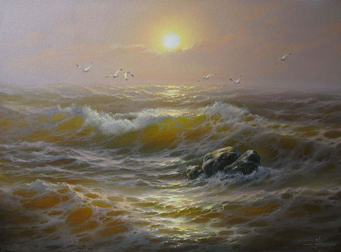 море на закате - пейзаж, прибой, море, картина, закат - оригинал