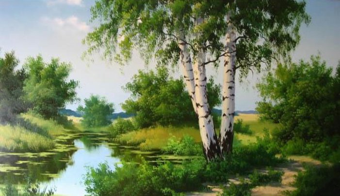 летний полдень - пейзаж, пруд. лето, природа. березы, тропинка - оригинал