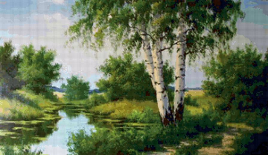 летний полдень - природа. березы, тропинка, пейзаж, пруд. лето - предпросмотр