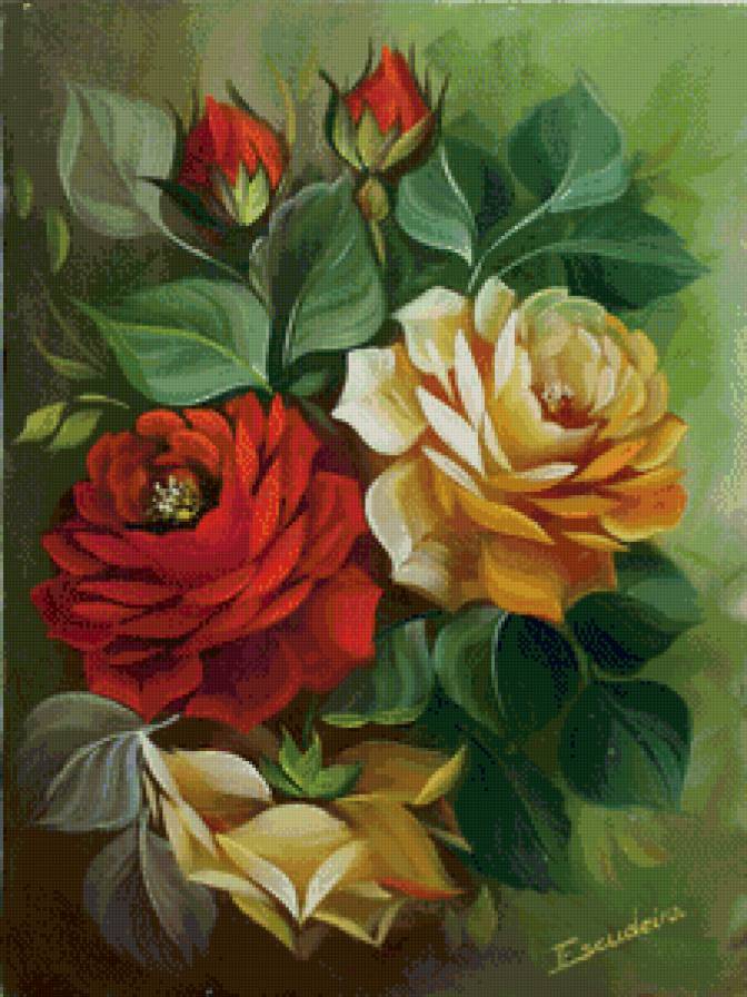 три розы - букет, розы, панно, цветы, живопись - предпросмотр