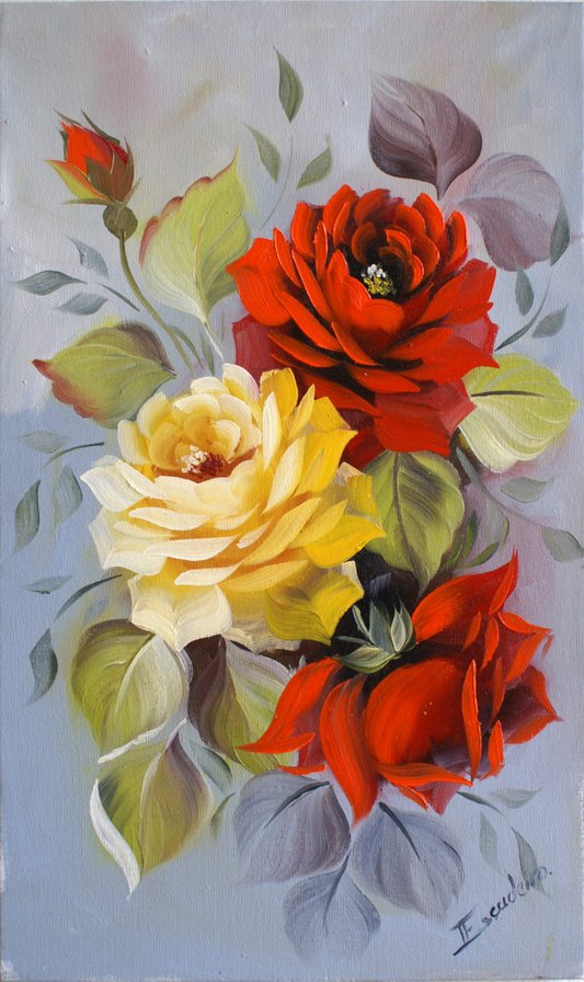 три розы - букет, розы, цветы, живопись, панно - оригинал