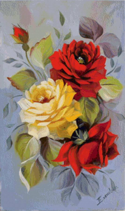 три розы - букет, панно, цветы, розы, живопись - предпросмотр