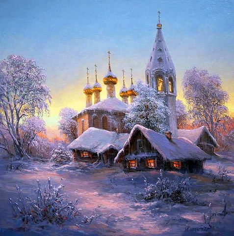 зима - природа, снег, закат, село, рождество, зима, церковь, деревня, заря - оригинал