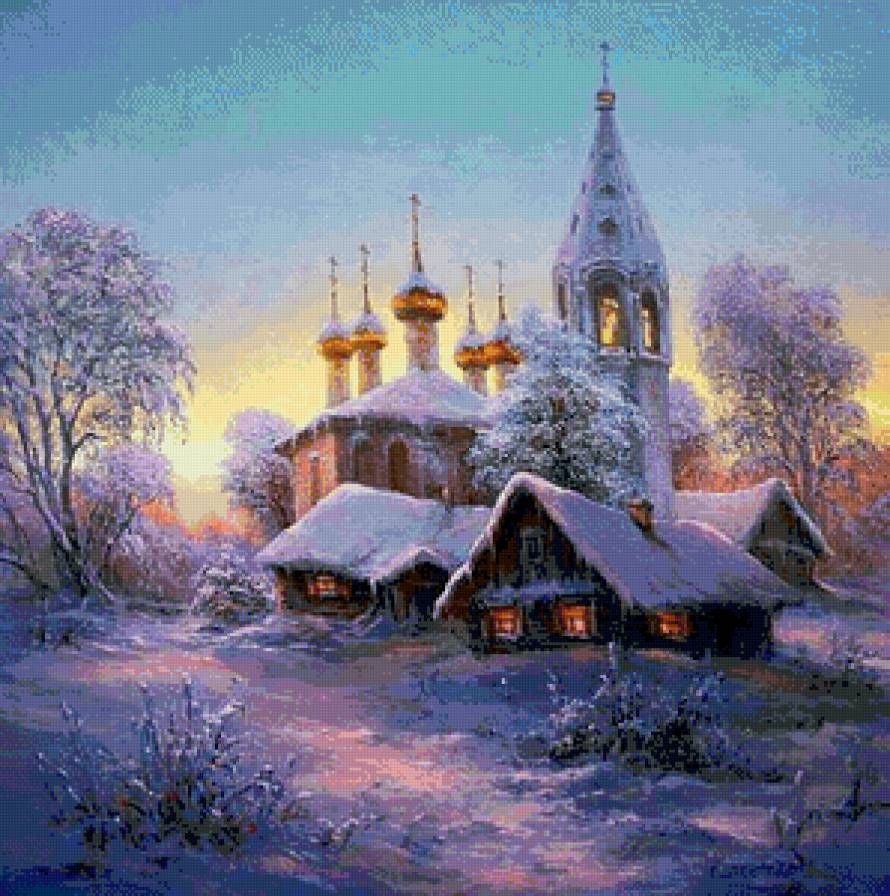 зима - деревня, рождество, закат, снег, зима, село, заря, природа, церковь - предпросмотр