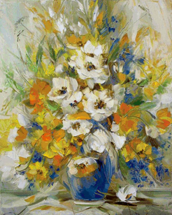 цветы в синей вазе - ваза, натюрморт, живопись, цветы, букет - предпросмотр