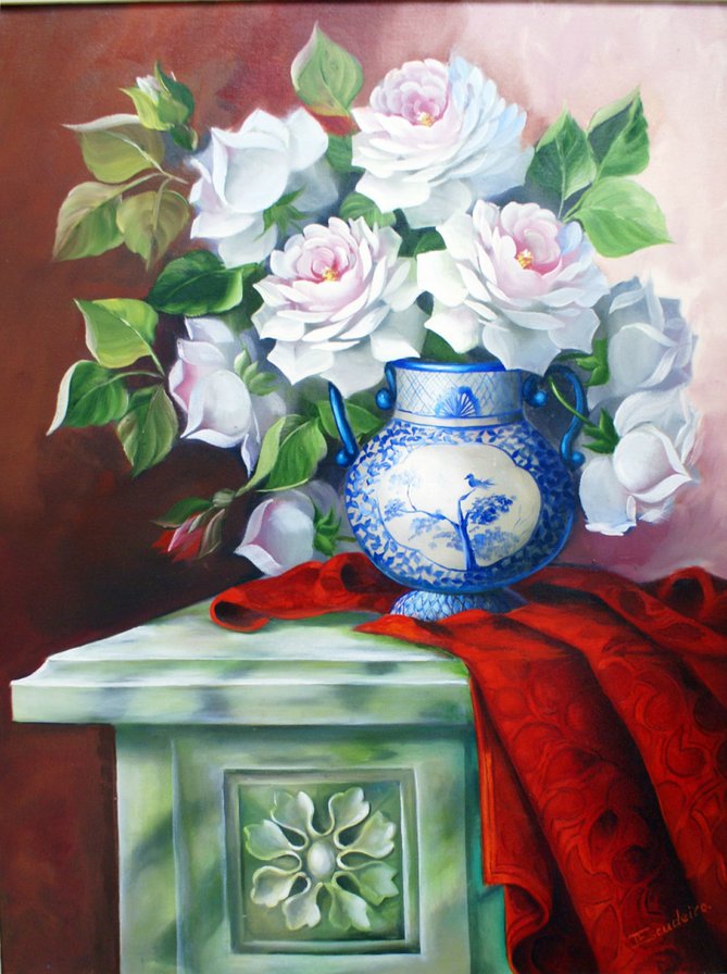 кремовые розы - натюрморт, живопись, букет, цветы, кувшин, ваза, розы - оригинал