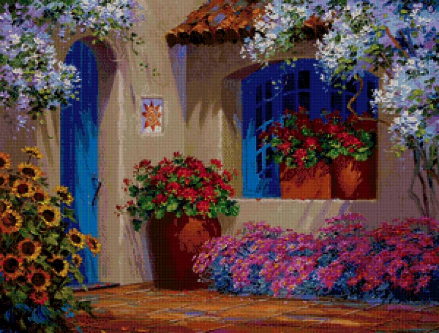 цветы во дворе - дворик, цветы, подсолнухи, лето, уют, краски - предпросмотр