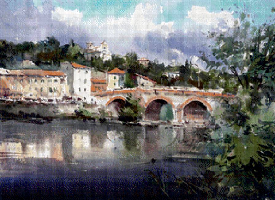 акварель. италия - мост, река, город, природа - предпросмотр