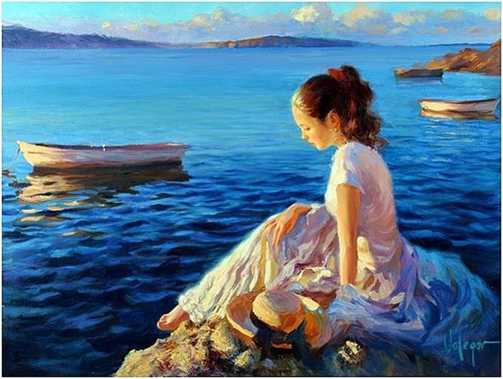 девушка на берегу - лето, девушка, картина, море, шляпа, лодки - оригинал