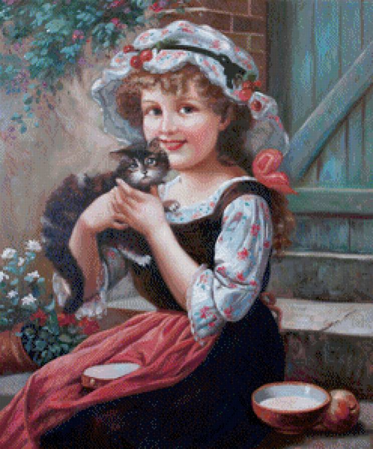 девочка с котенком - ребенок, животное, картина, котенок, девочка - предпросмотр