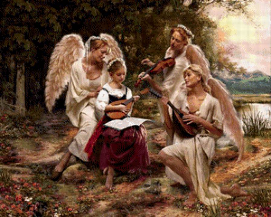 девочка с ангелами - картина, ангел, девочка, крылья, девушка, венок, музыка, скрипка - предпросмотр