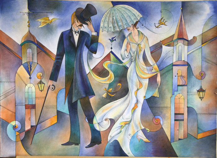 городской роман - мужчина, пара, пейзаж, девушка, город - оригинал