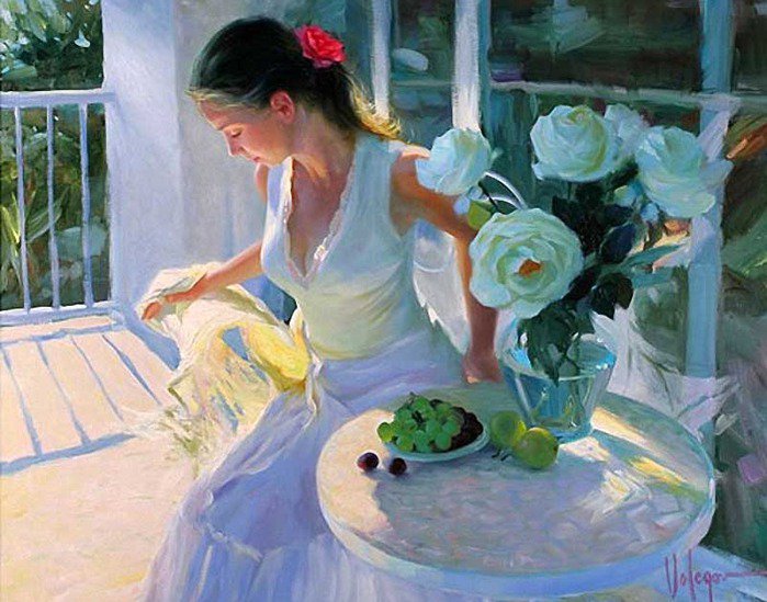 девушка с белыми розами - девушка, картина, розы, белый, солнце - оригинал