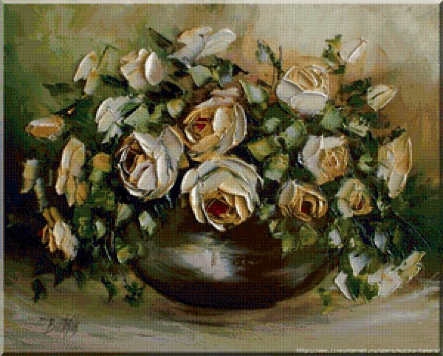 чайные розы - горшок, цветы, розы, букет, ваза, масло, натюрморт, живопись - предпросмотр