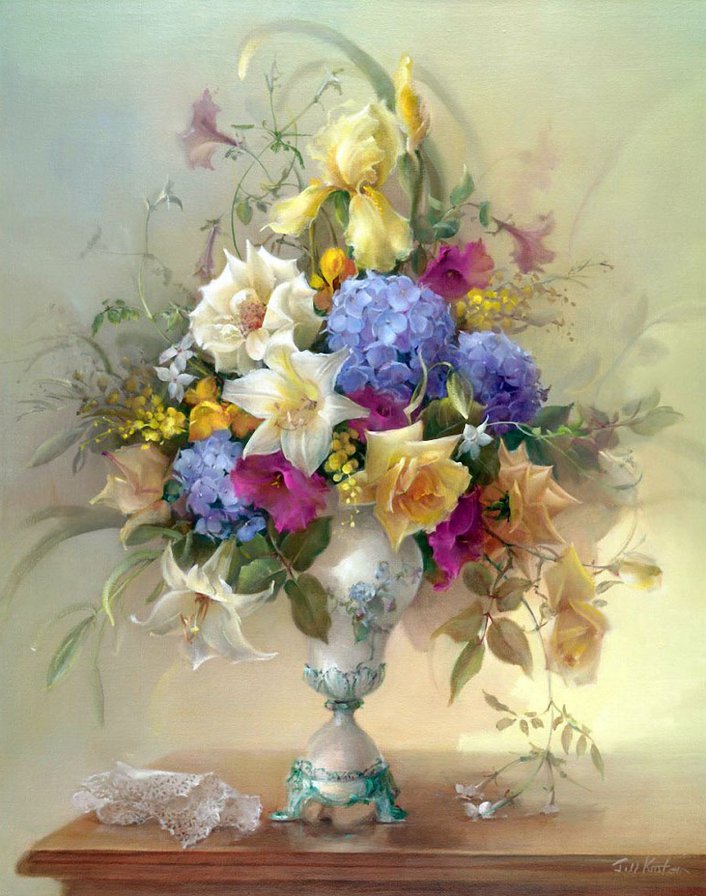 нежный букет в вазе - ваза, лилия, акварель, цветы, нежность, ирис, букет, живопись - оригинал