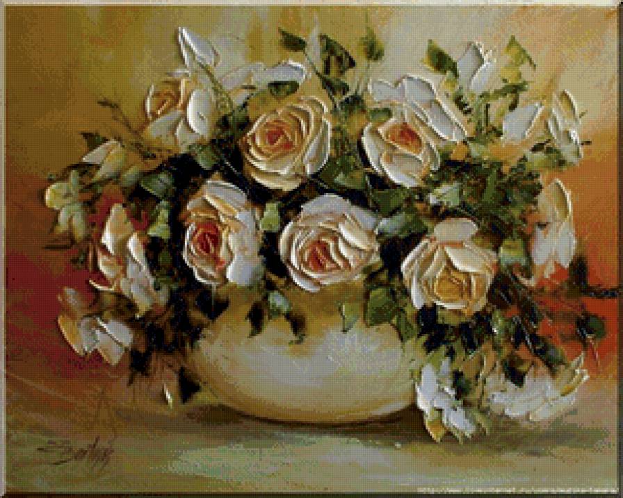 кремовые розы - масло, живопись, ваза, горшок, букет, цветы, натюрморт, розы - предпросмотр