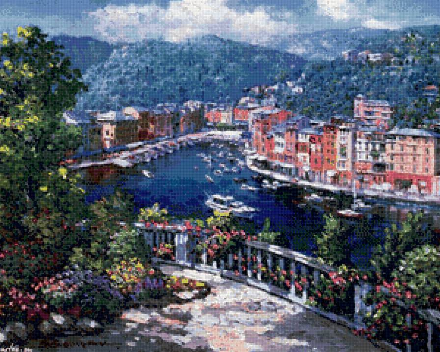 южная бухта - город, цветы, живопись, бухта, лето, горы, пейзаж, юг, море - предпросмотр