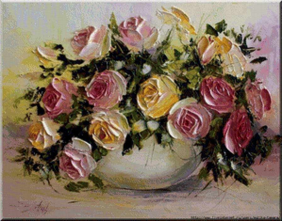 букет роз в вазе - ваза, розы, букет, натюрморт, цветы, живопись - предпросмотр