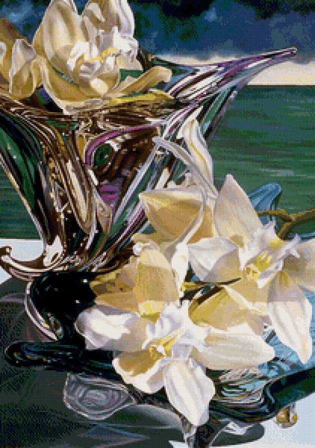 орхидеи в вазе - ваза, краски, цветы, картина, ветка, панно, орхидеи, рисунок - предпросмотр