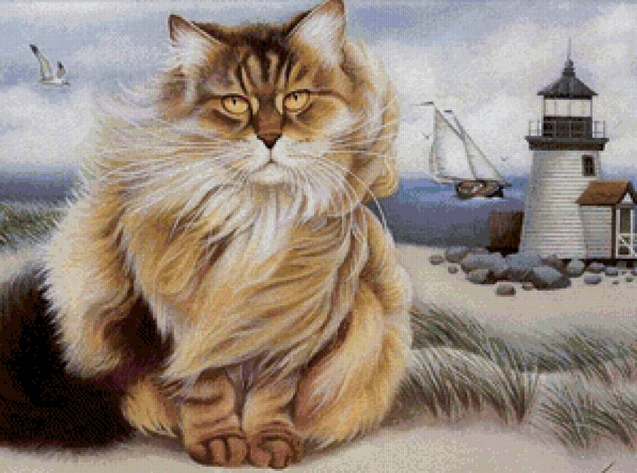 На берегу моря - парусник, маяк, коты, животные, море, кот, чайки - предпросмотр