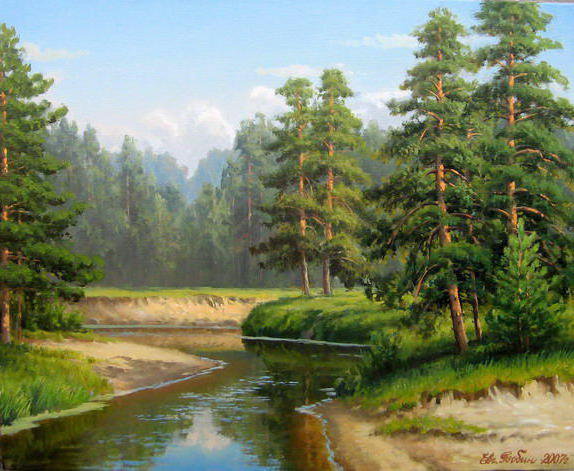 Еловые парочки - пейзаж. природа. ели. лес. речка - оригинал