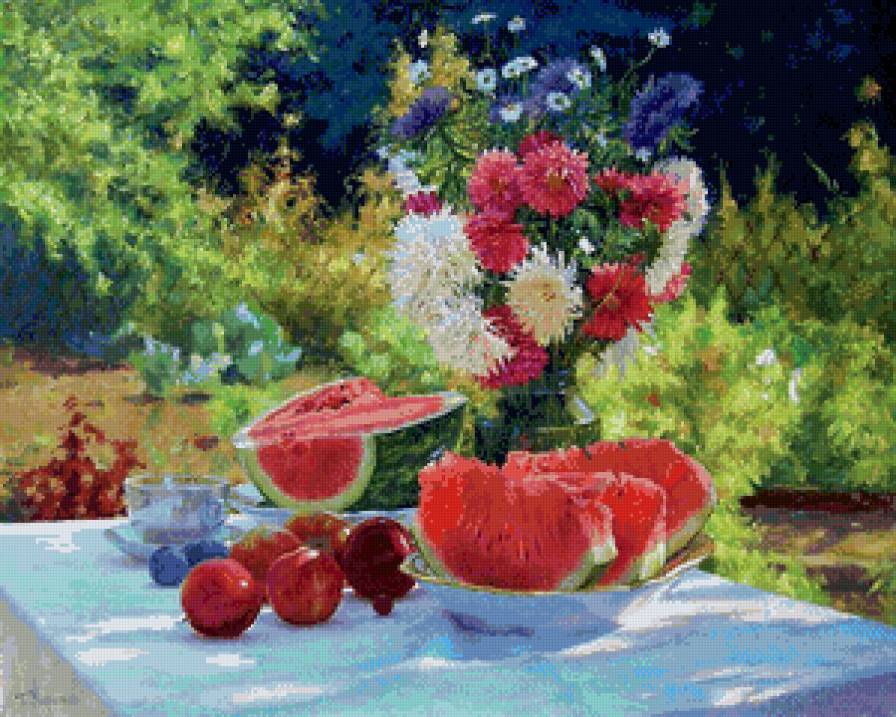 натюрморт с арбузом и цветами в саду - природа, яблоки, натюрморт, живопись, ваза, астры, сад, арбуз - предпросмотр