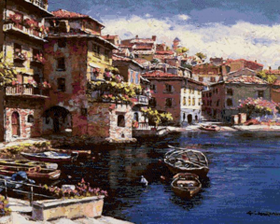 тихая гавань - гавань, вечер, юг, лодки, живопись, море, городок, франция - предпросмотр