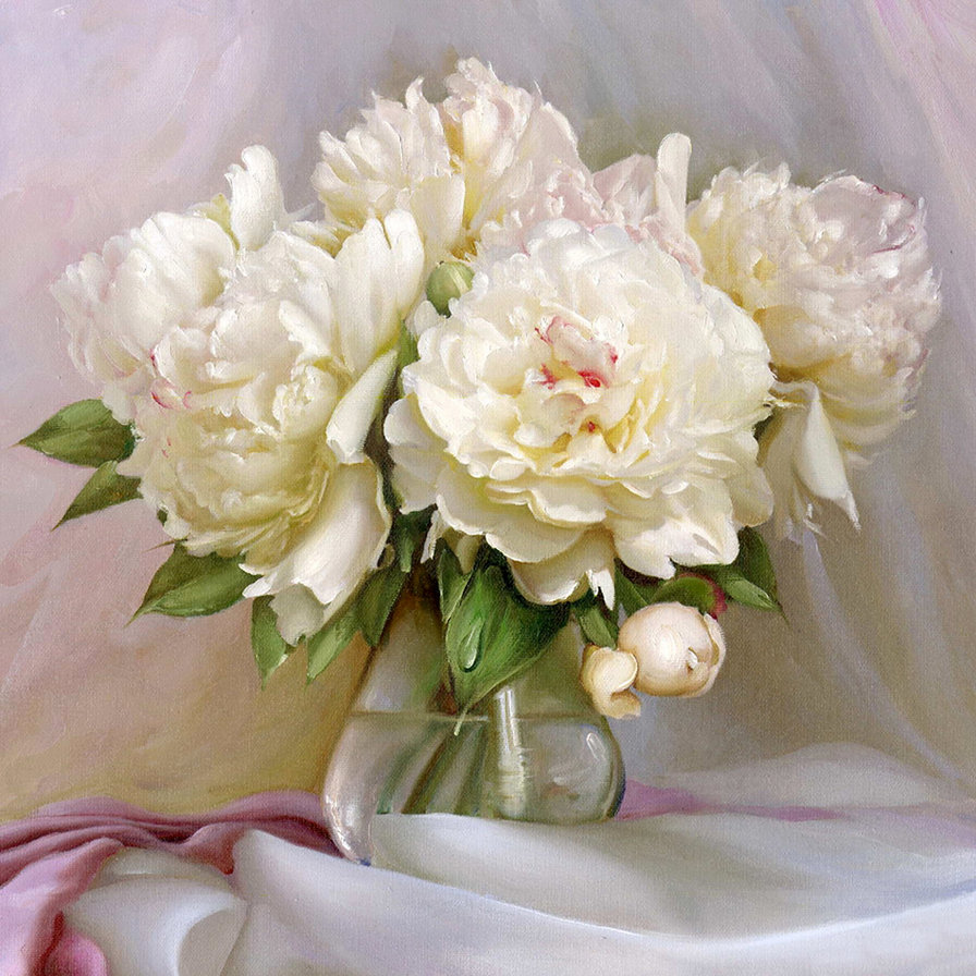 белые пионы в стеклянной вазе - цветы, ваза, натюрморт, букет, нежность, пионы, живопись - оригинал