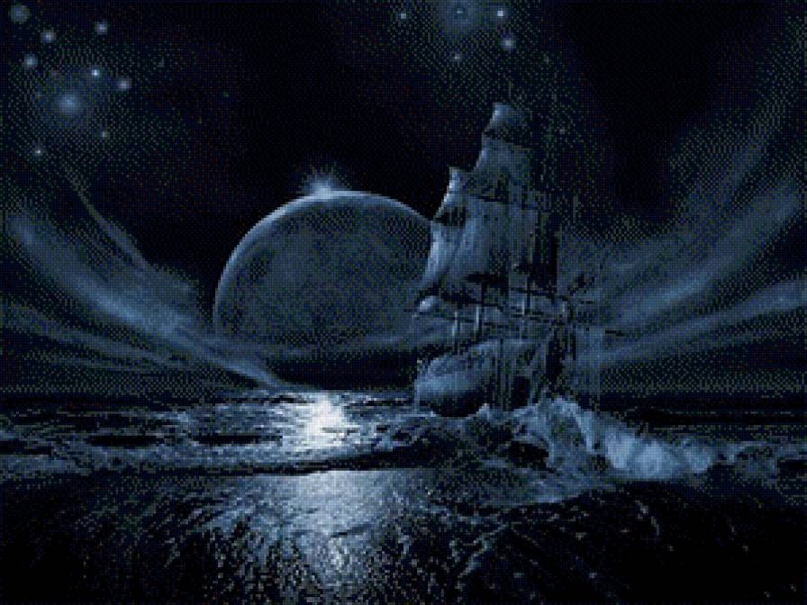 Парусник в ночи - корабль, парусник, ночь, море - предпросмотр