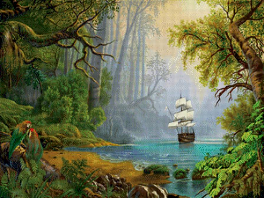 Корабль в джунглях - океан, парусник, корабль, джунгли, море - предпросмотр